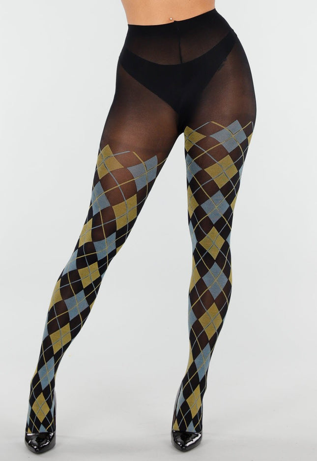 NEW070126 Geel Blauwe Panty met Argyle Print