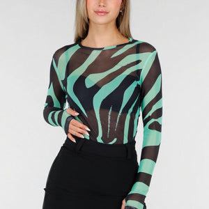 NEW070126 Groene Mesh Zebraprint Top