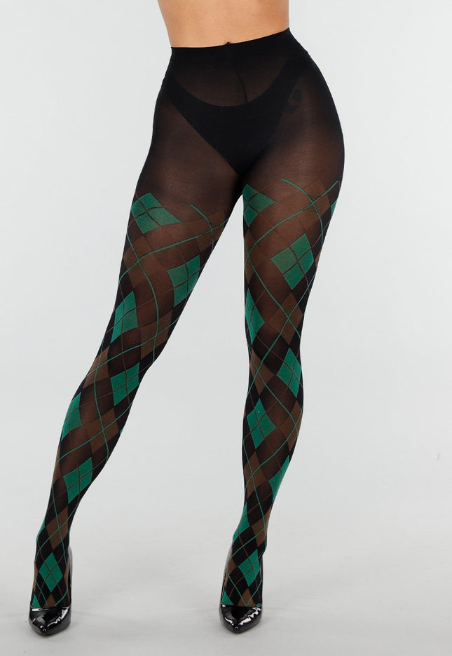 NEW070126 Groene 50 Den Panty met Argyle Print