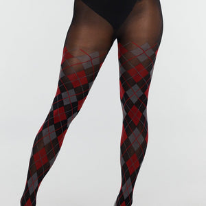 NEW070126 Grijs Rode Panty met Argyle Print