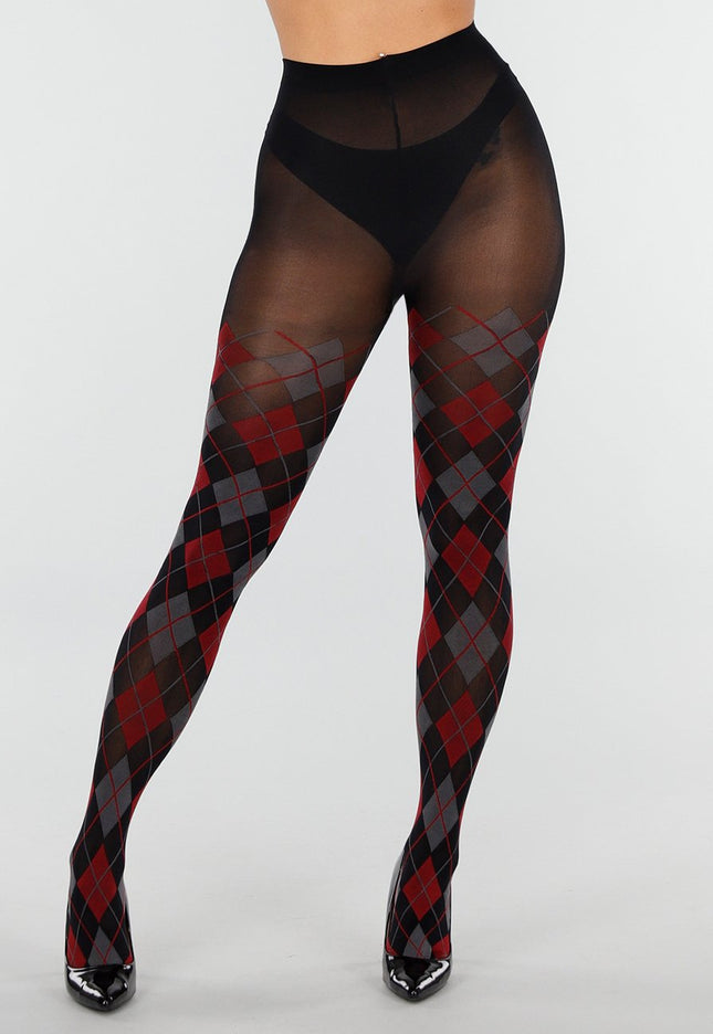 NEW070126 Grijs Rode Panty met Argyle Print