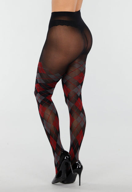 NEW070126 Grijs Rode Panty met Argyle Print