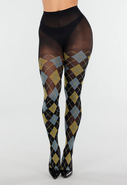 NEW070126 Geel Blauwe Panty met Argyle Print