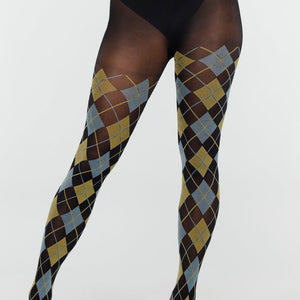NEW070126 Geel Blauwe Panty met Argyle Print