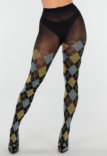 NEW070126 Geel Blauwe Panty met Argyle Print