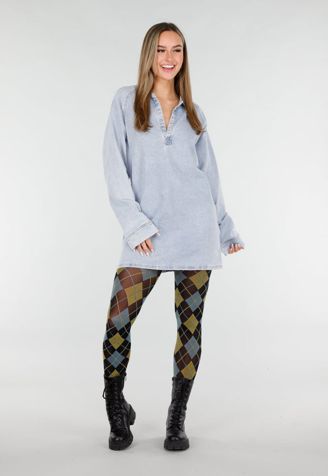 NEW070126 Geel Blauwe Panty met Argyle Print