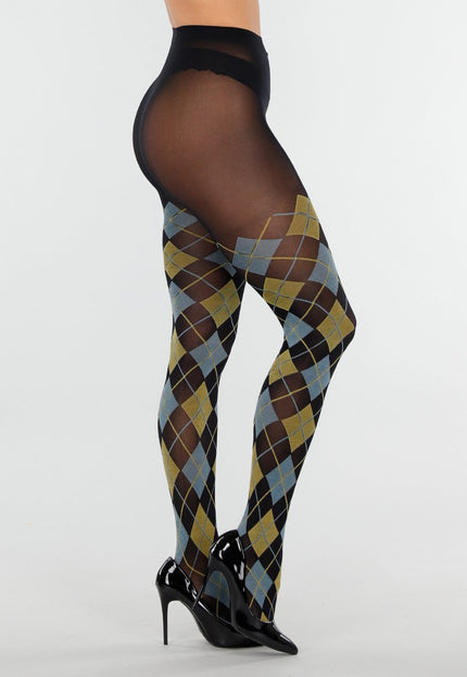 NEW070126 Geel Blauwe Panty met Argyle Print