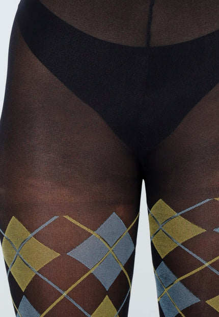 NEW070126 Geel Blauwe Panty met Argyle Print