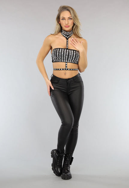 NEW0702 Zwarte Glitter Bandeau Top met Choker en Strikdetail