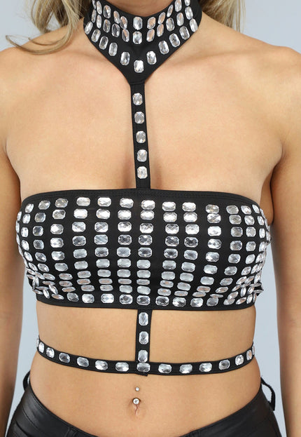 NEW0702 Zwarte Glitter Bandeau Top met Choker en Strikdetail
