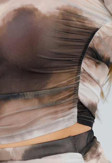 NEW070525 Beige Bruine Tie Dye Print Mesh Top met Stretch