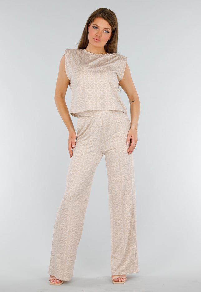 NEW070525 Beige Stretch Top met Schoudervulling