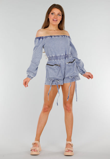 NEW070525 Denim Stretch Off Schoulder Playsuit met Tailleband