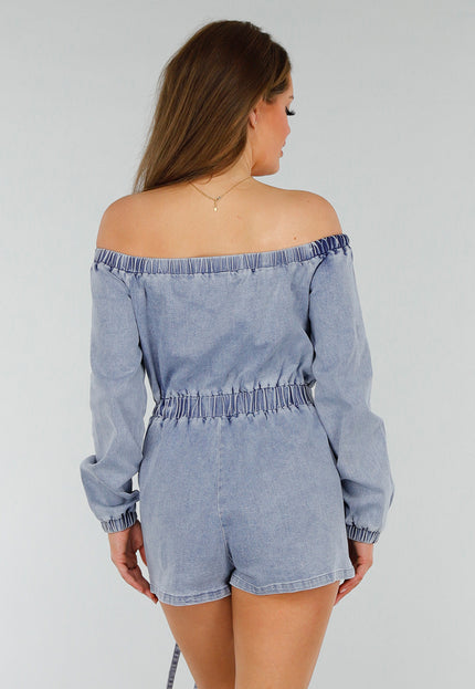 NEW070525 Denim Stretch Off Schoulder Playsuit met Tailleband