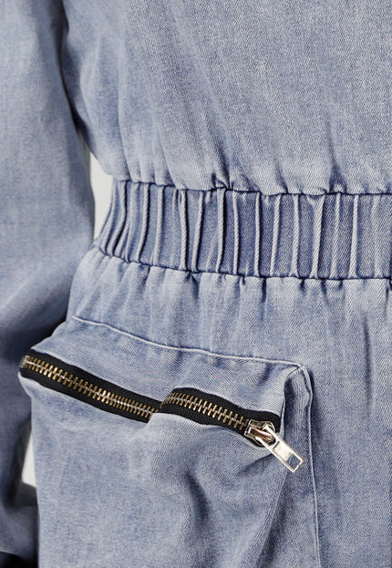 NEW070525 Denim Stretch Off Schoulder Playsuit met Tailleband