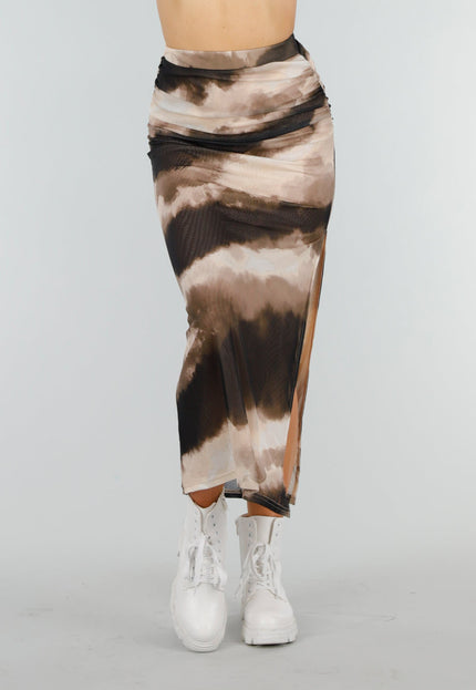 NEW070525 Tie Dye Mesh Rok met Bruin en Beige