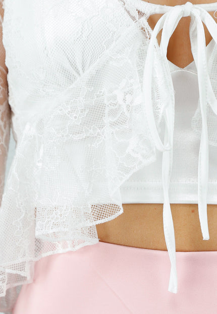 NEW070525 Wit Kanten Stretch Top met Striksluiting en Ruffle