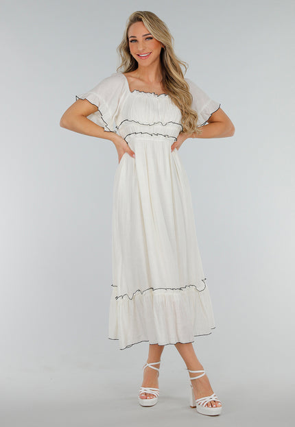 NEW070525 Witte Off Shoulder Maxi Jurk met Ruffles en Stretch