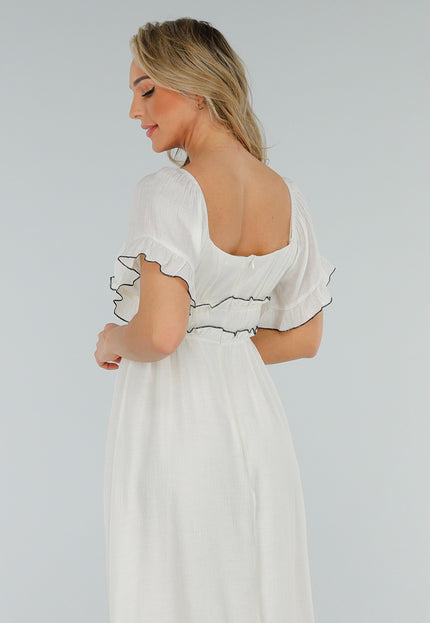 NEW070525 Witte Off Shoulder Maxi Jurk met Ruffles en Stretch