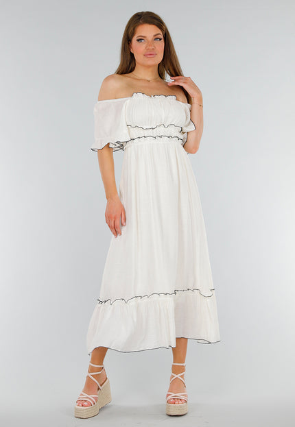 NEW070525 Witte Off Shoulder Maxi Jurk met Ruffles en Stretch