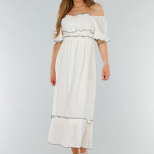 NEW070525 Witte Off Shoulder Maxi Jurk met Ruffles en Stretch