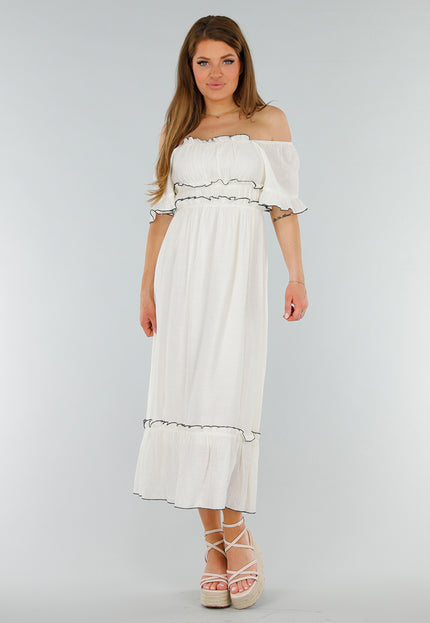 NEW070525 Witte Off Shoulder Maxi Jurk met Ruffles en Stretch