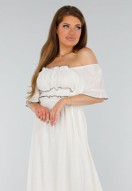 NEW070525 Witte Off Shoulder Maxi Jurk met Ruffles en Stretch