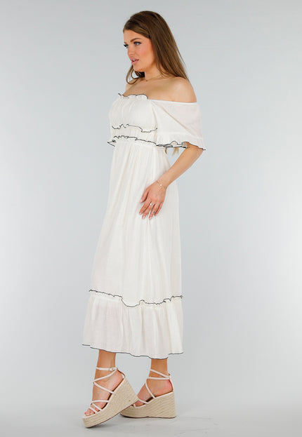 NEW070525 Witte Off Shoulder Maxi Jurk met Ruffles en Stretch