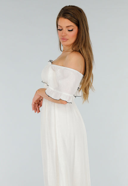 NEW070525 Witte Off Shoulder Maxi Jurk met Ruffles en Stretch