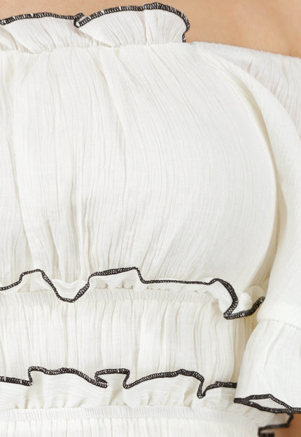 NEW070525 Witte Off Shoulder Maxi Jurk met Ruffles en Stretch