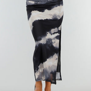 NEW070525 Zwart Creme Kleurige Stretch Mesh Maxi Rok