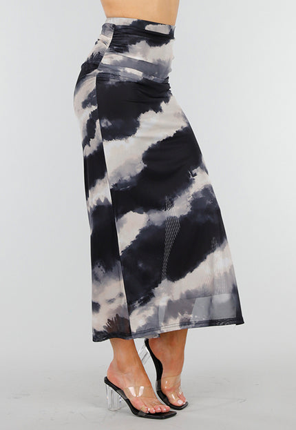 NEW070525 Zwart Creme Kleurige Stretch Mesh Maxi Rok