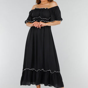 NEW070525 Zwarte Stretch Off Schoulder Jurk met Witte Details