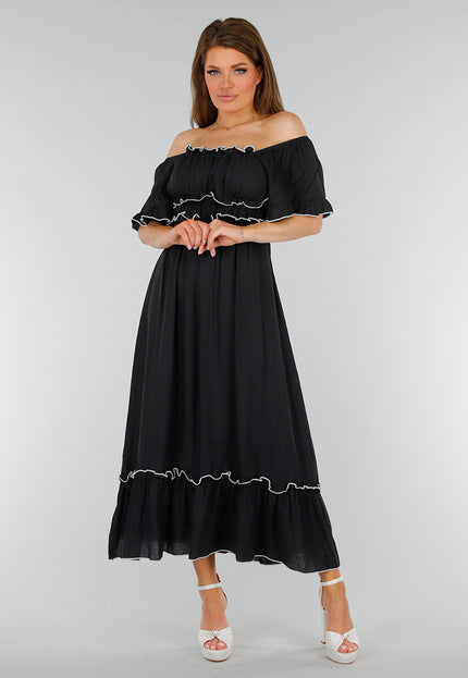 NEW070525 Zwarte Stretch Off Schoulder Jurk met Witte Details