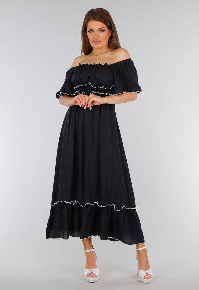 NEW070525 Zwarte Stretch Off Schoulder Jurk met Witte Details