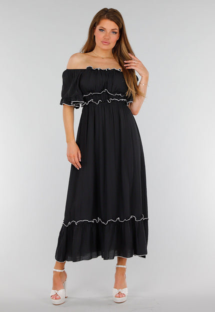 NEW070525 Zwarte Stretch Off Schoulder Jurk met Witte Details