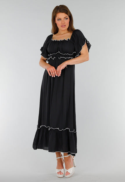 NEW070525 Zwarte Stretch Off Schoulder Jurk met Witte Details