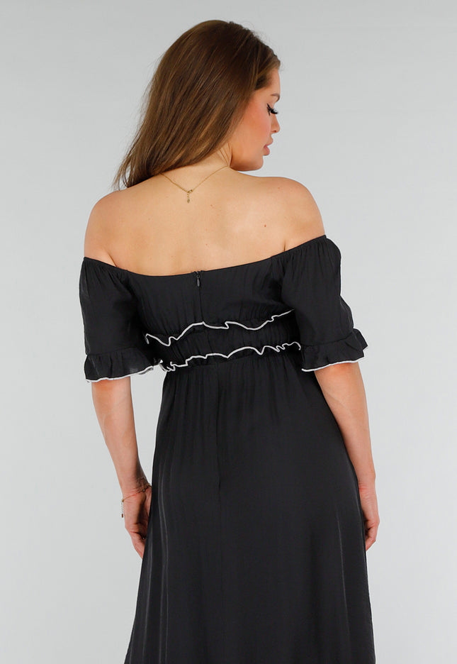 NEW070525 Zwarte Stretch Off Schoulder Jurk met Witte Details