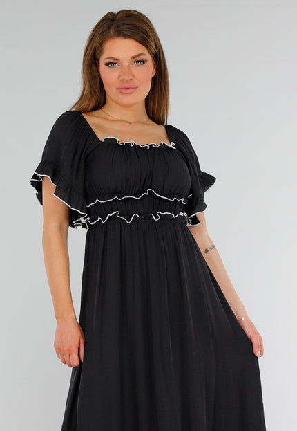 NEW070525 Zwarte Stretch Off Schoulder Jurk met Witte Details