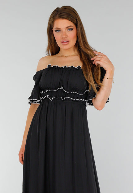 NEW070525 Zwarte Stretch Off Schoulder Jurk met Witte Details