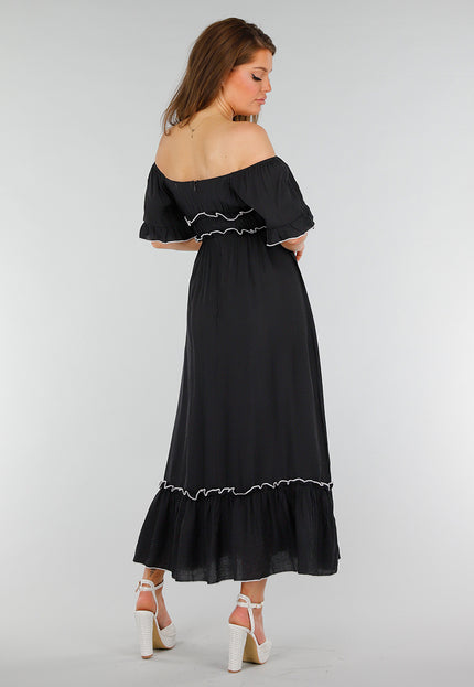 NEW070525 Zwarte Stretch Off Schoulder Jurk met Witte Details