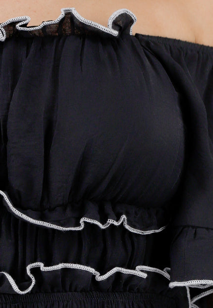 NEW070525 Zwarte Stretch Off Schoulder Jurk met Witte Details