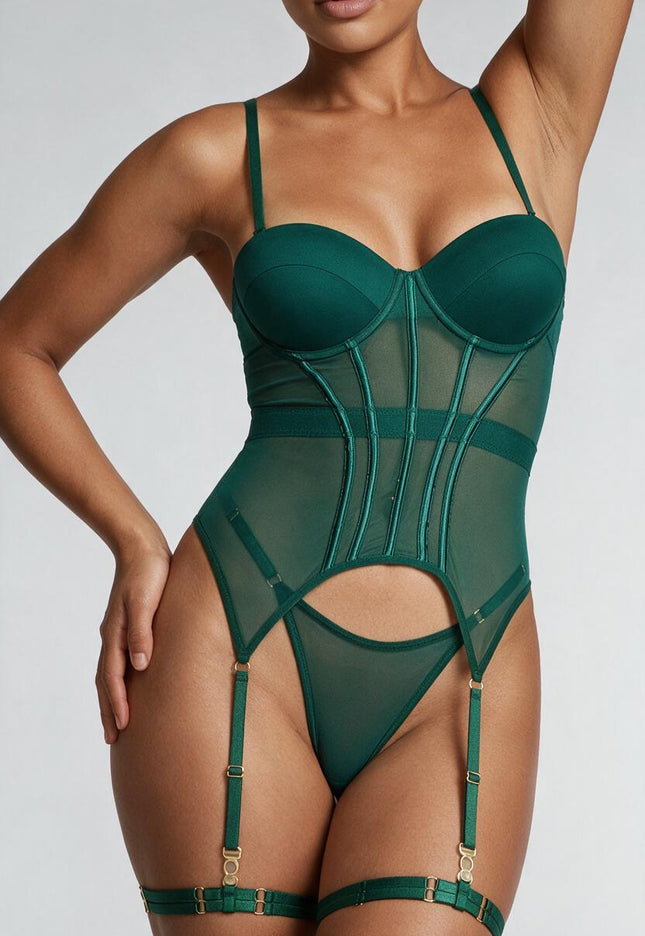 NEW0706 Donkergroene Lingerie Set met Jarretels