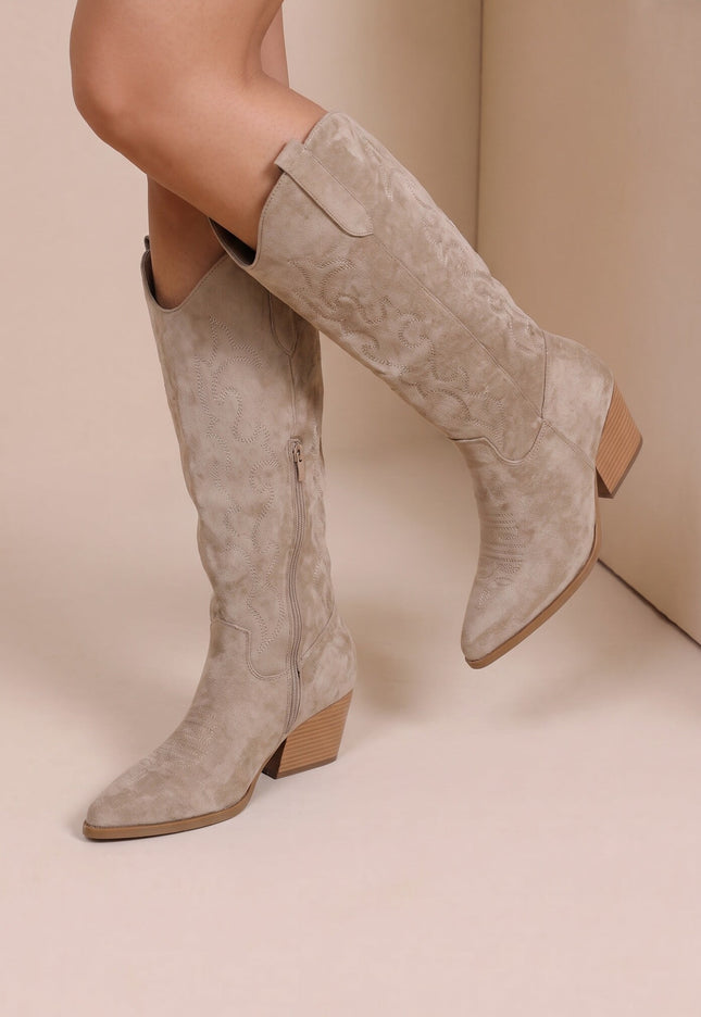 NEW071026 Beige Cowboylaarzen met Sierstiksels