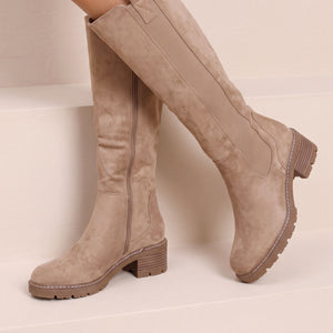 NEW071026 Beige Hoge Laarzen met Blokhak en Rits