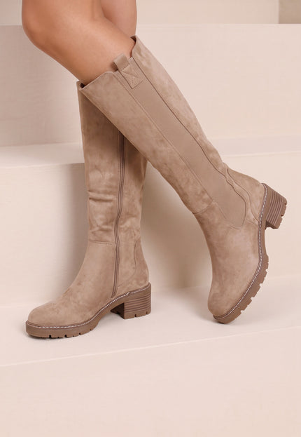 NEW071026 Beige Hoge Laarzen met Blokhak en Rits