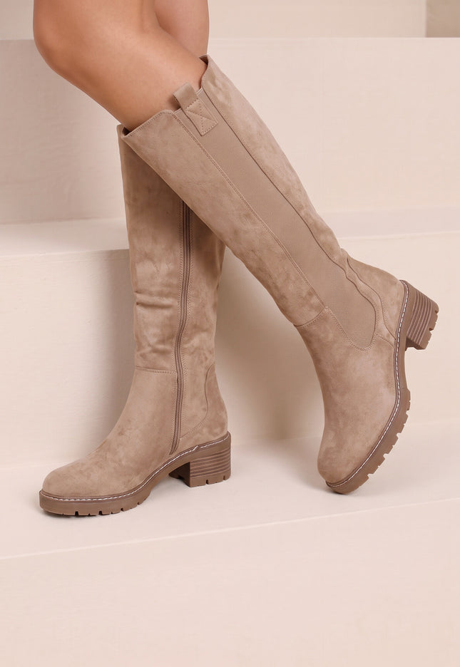 NEW071026 Beige Hoge Laarzen met Blokhak en Rits