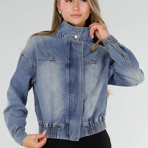 NEW071026 Blauw Denim Jasje met Hoge Kraag