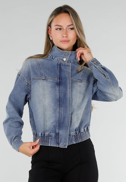 NEW071026 Blauw Denim Jasje met Hoge Kraag