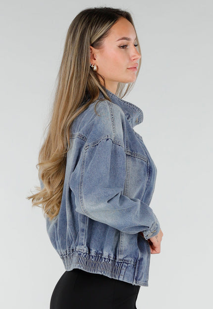 NEW071026 Blauw Denim Jasje met Hoge Kraag